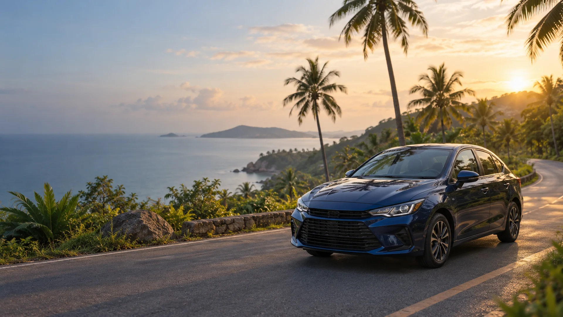 A dark blue sedan on a coastal road on Koh Samui at sunset