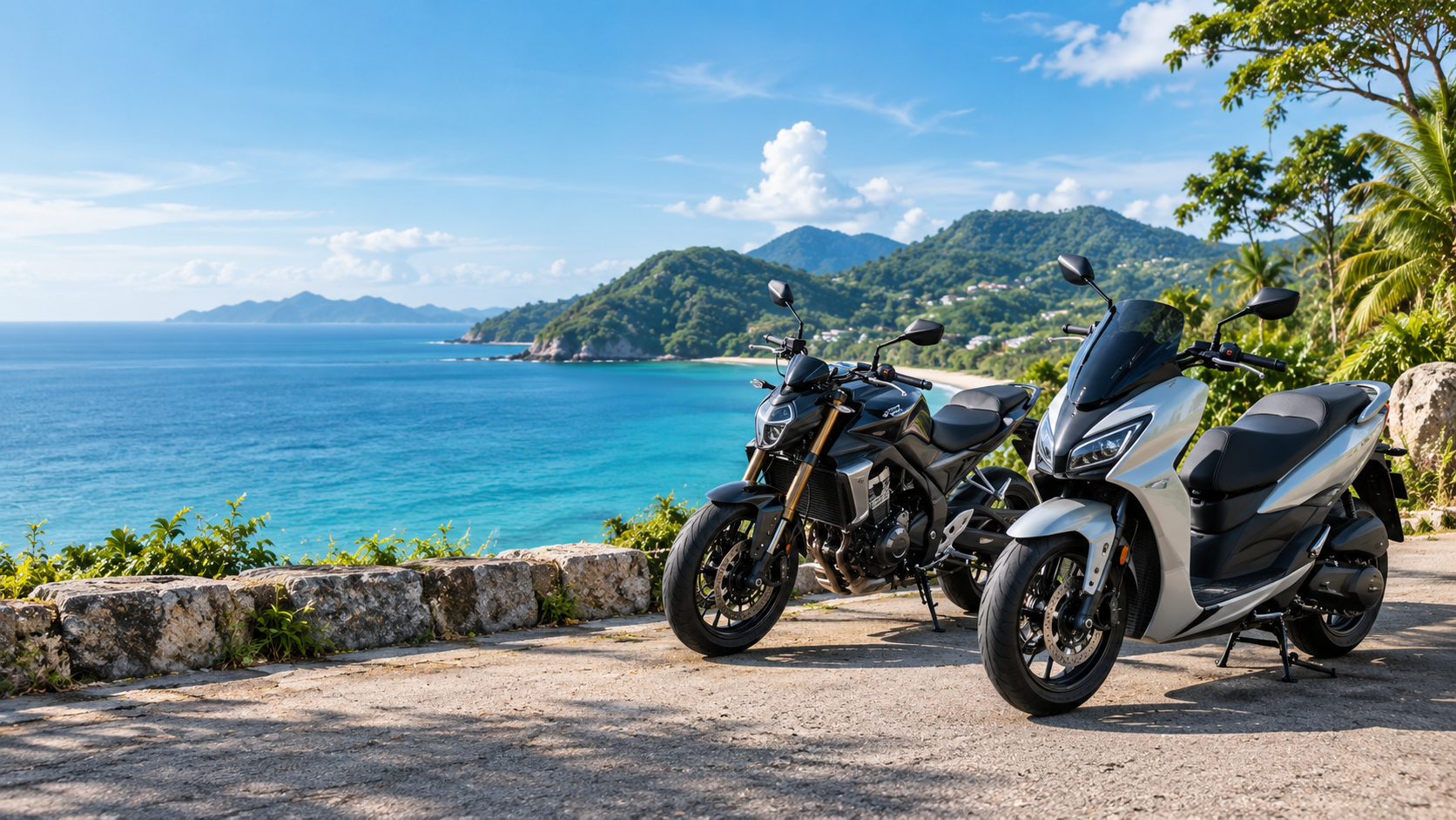 A motorcycle and a scooter parked by the coast