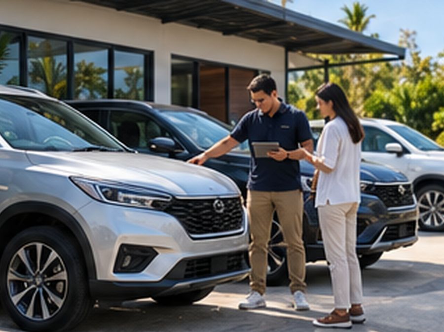 Rental staff member showing a car to a customer on the rental lot