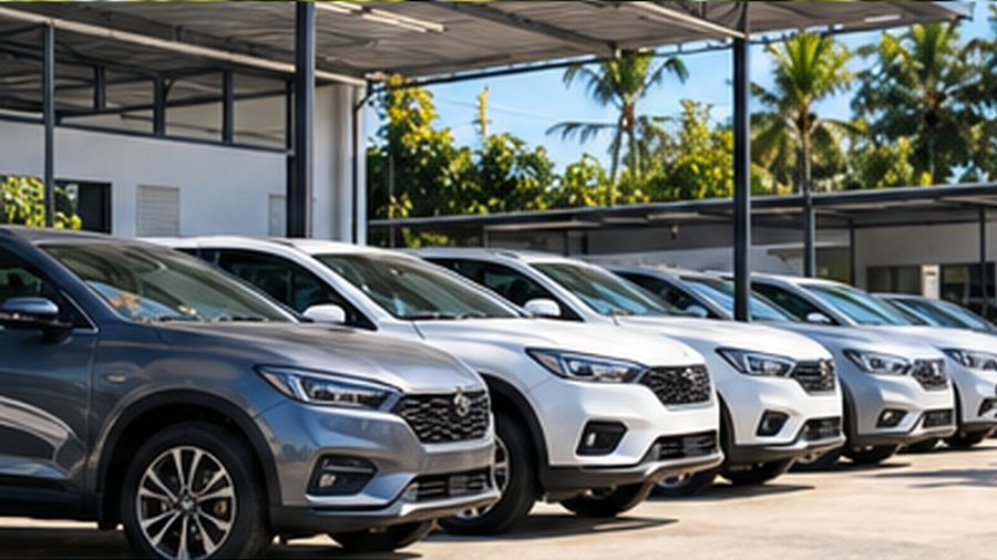 Row of cars under the canopy of a large rental yard