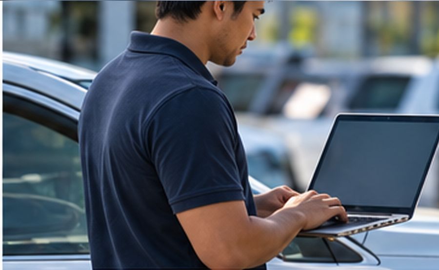 Rental staff member working on a laptop beside parked cars