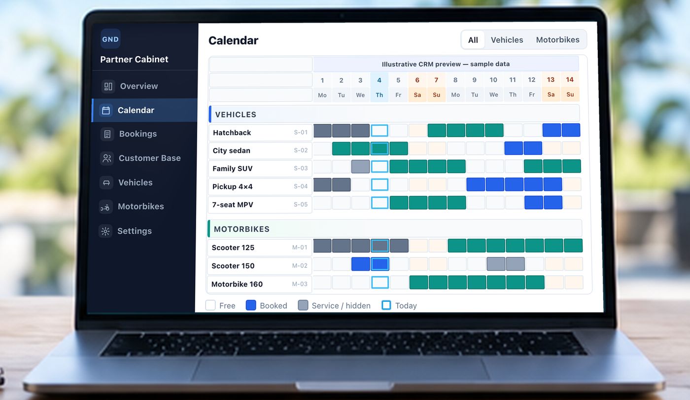 Laptop showing the GetnDrive Partner Cabinet calendar with sample vehicles and bookings