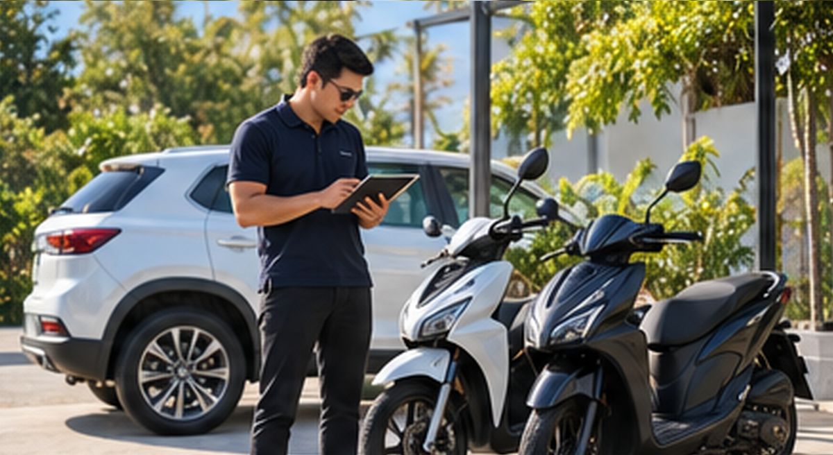 Rental operator with a tablet beside a car and two scooters